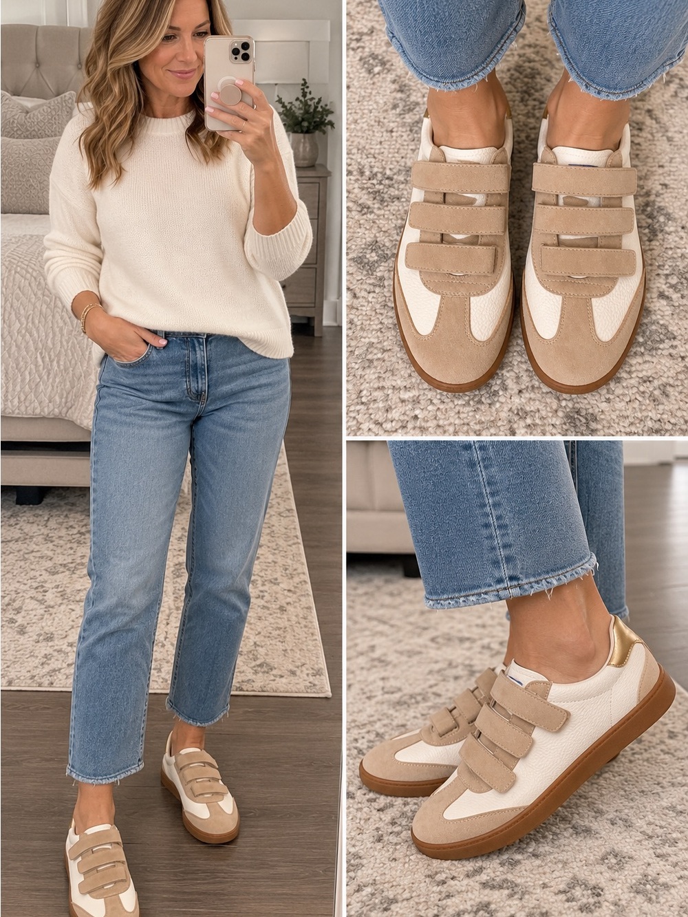 Back 70 Mias Sneaker - White and Tan Women's Velcro Trainer